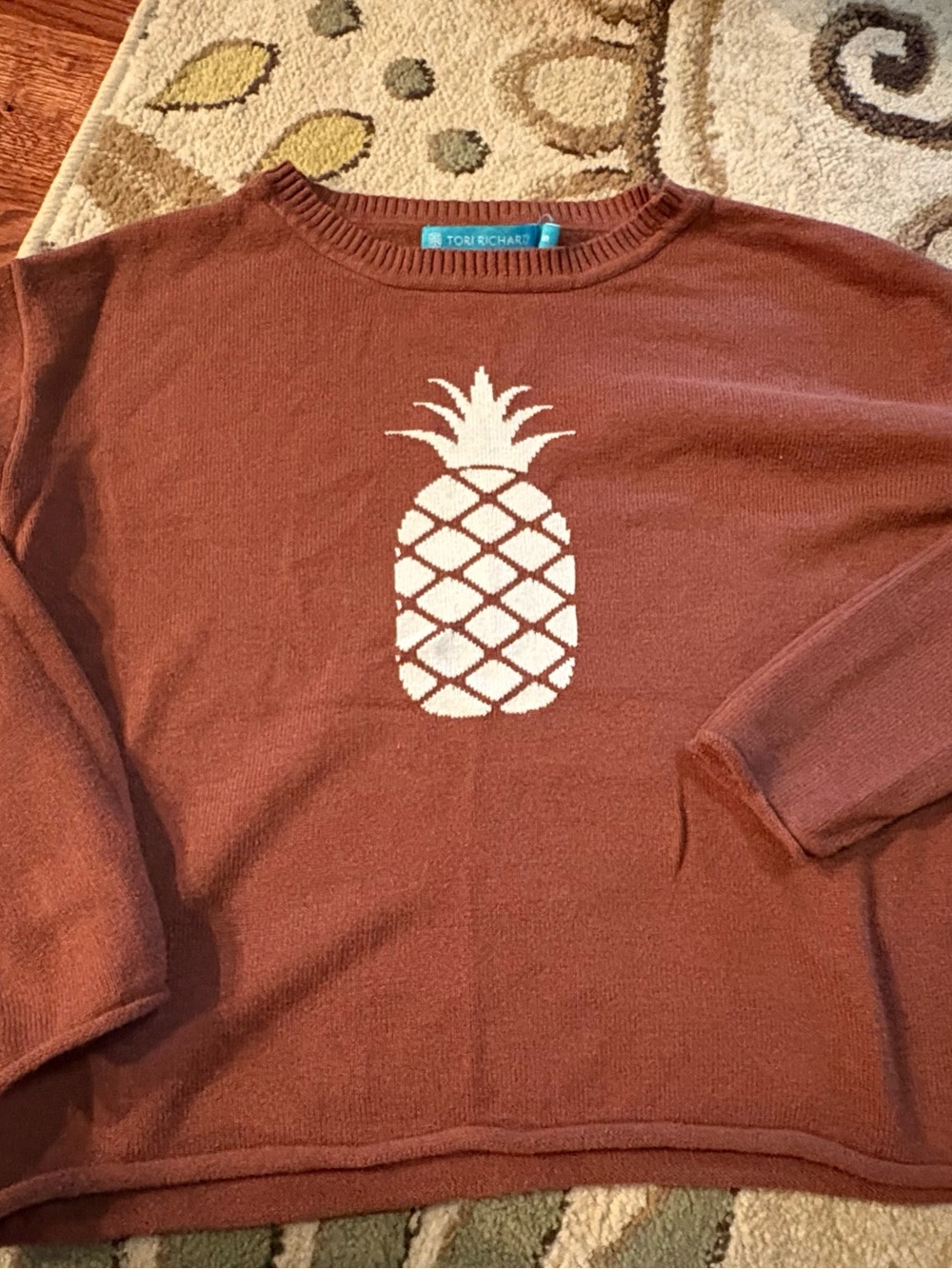 Tori Richard Pineapple Intarsia Crewneck Sweater - Rust/White - size small